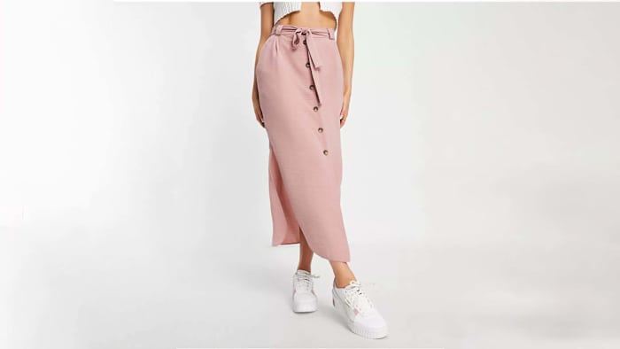 asos - belted button through midi skirt in pink